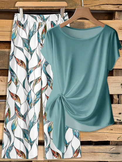 Women's Casual Printed Knot Shirt and Loose Straight Pants Set