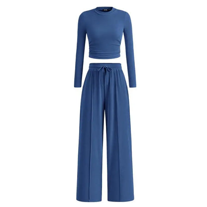 ✨2-Piece Ribbed Knit Long Sleeve Crop Top Wide Leg Pants Lounge Set🔥