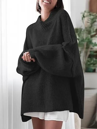 ✨Womens Oversized Mock Neck Batwing Long Sleeve Ribbed Knit Casual Tunic Sweater🔥