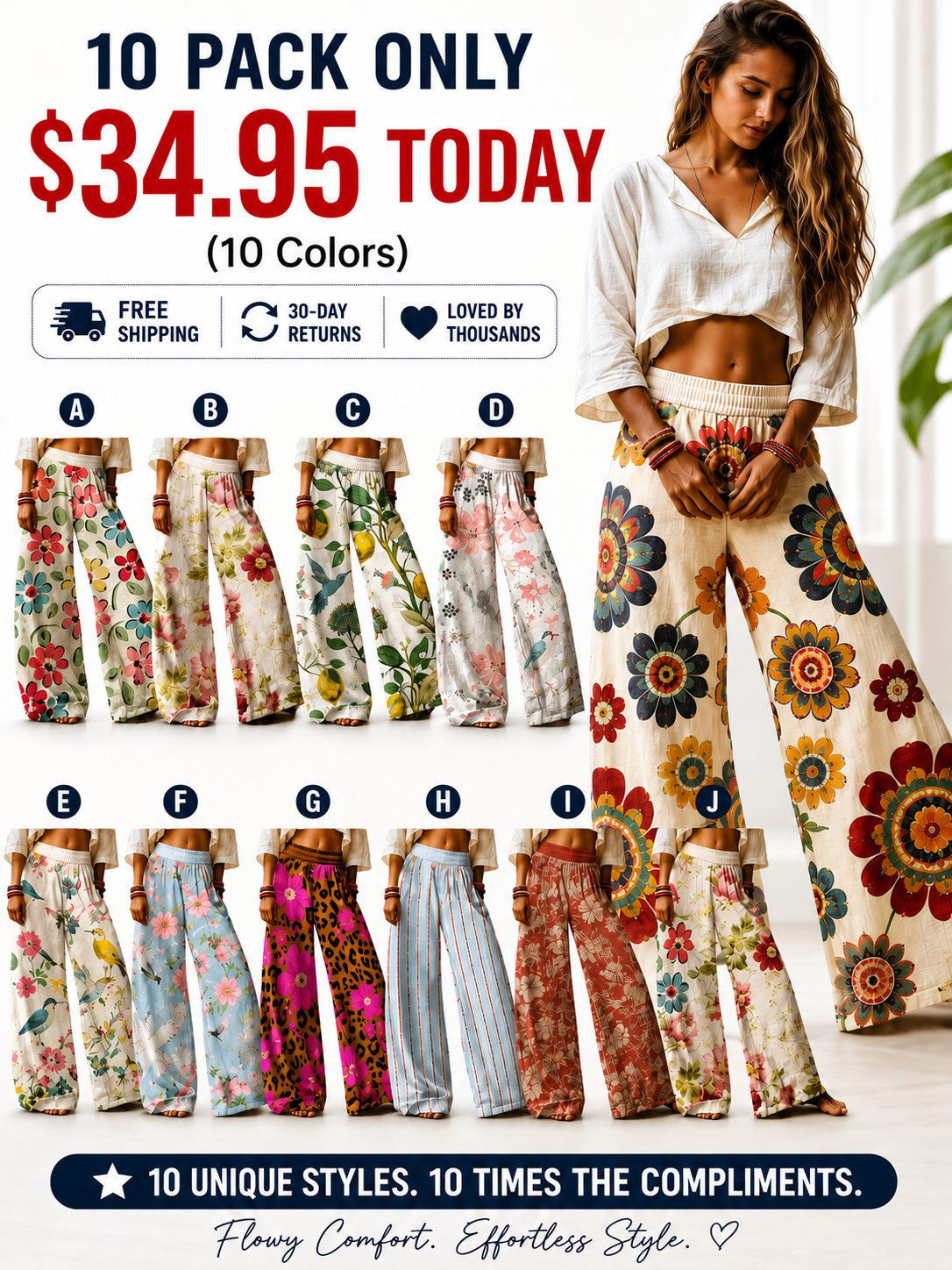 【LAST DAY SALE】Women's Casual Bohemian Style Floral Print Wide-Leg Pants