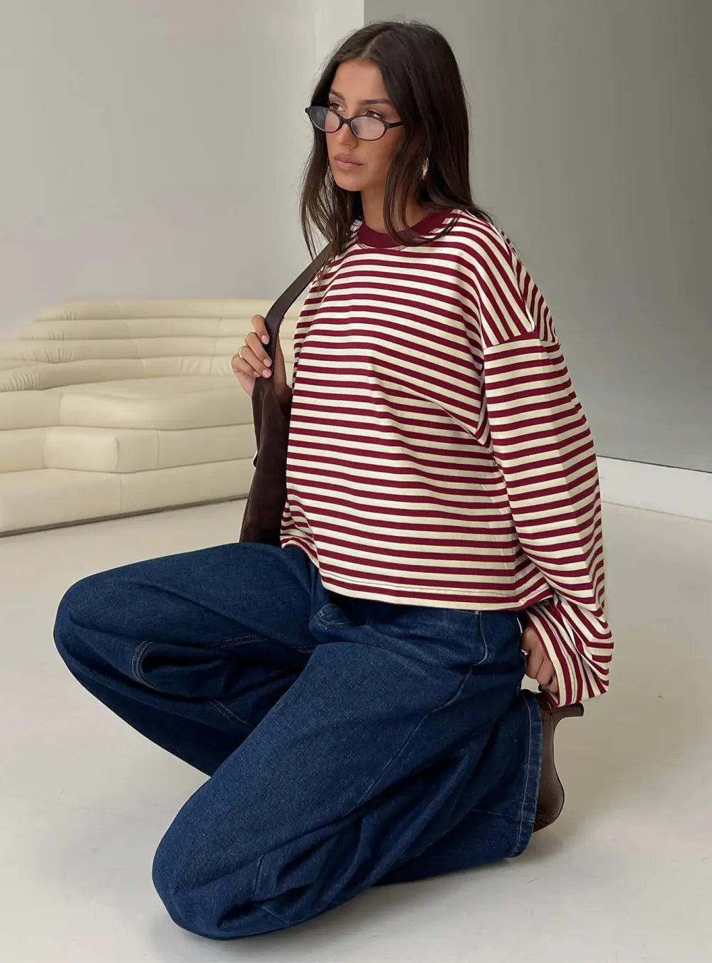 Women Long Sleeve Crew Neck Loose Striped T Shirt