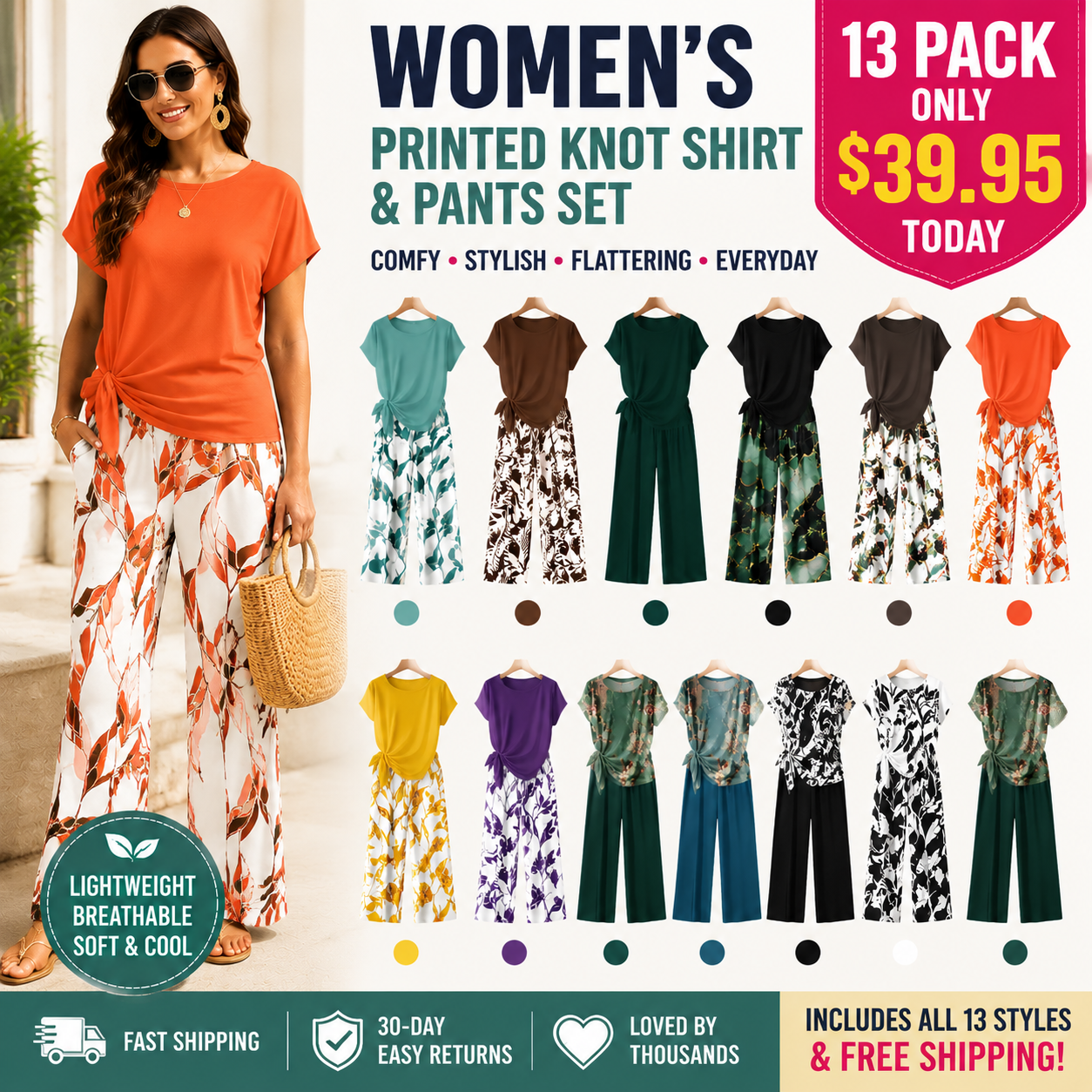 Women's Casual Printed Knot Shirt and Loose Straight Pants Set