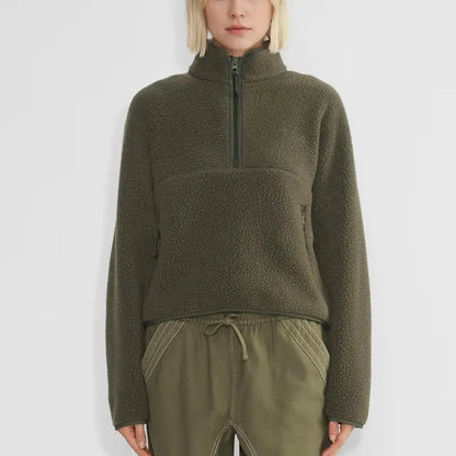 Women’s Fleece Cropped Pullover – Half Zip Sherpa Jacket with Pockets
