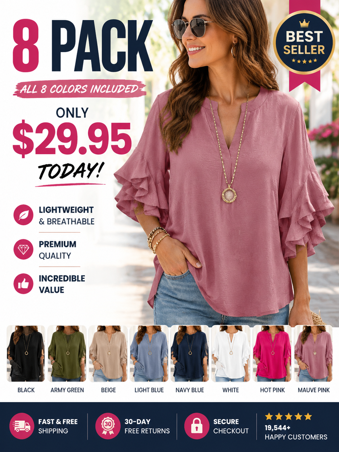 Women's Ruffle Sleeve V-Neck Shirt