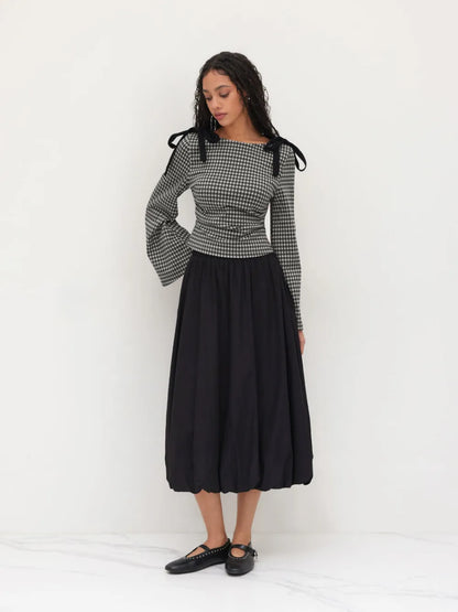 Boat Neck Gingham Bowknot Ruched Long Sleeve Top
