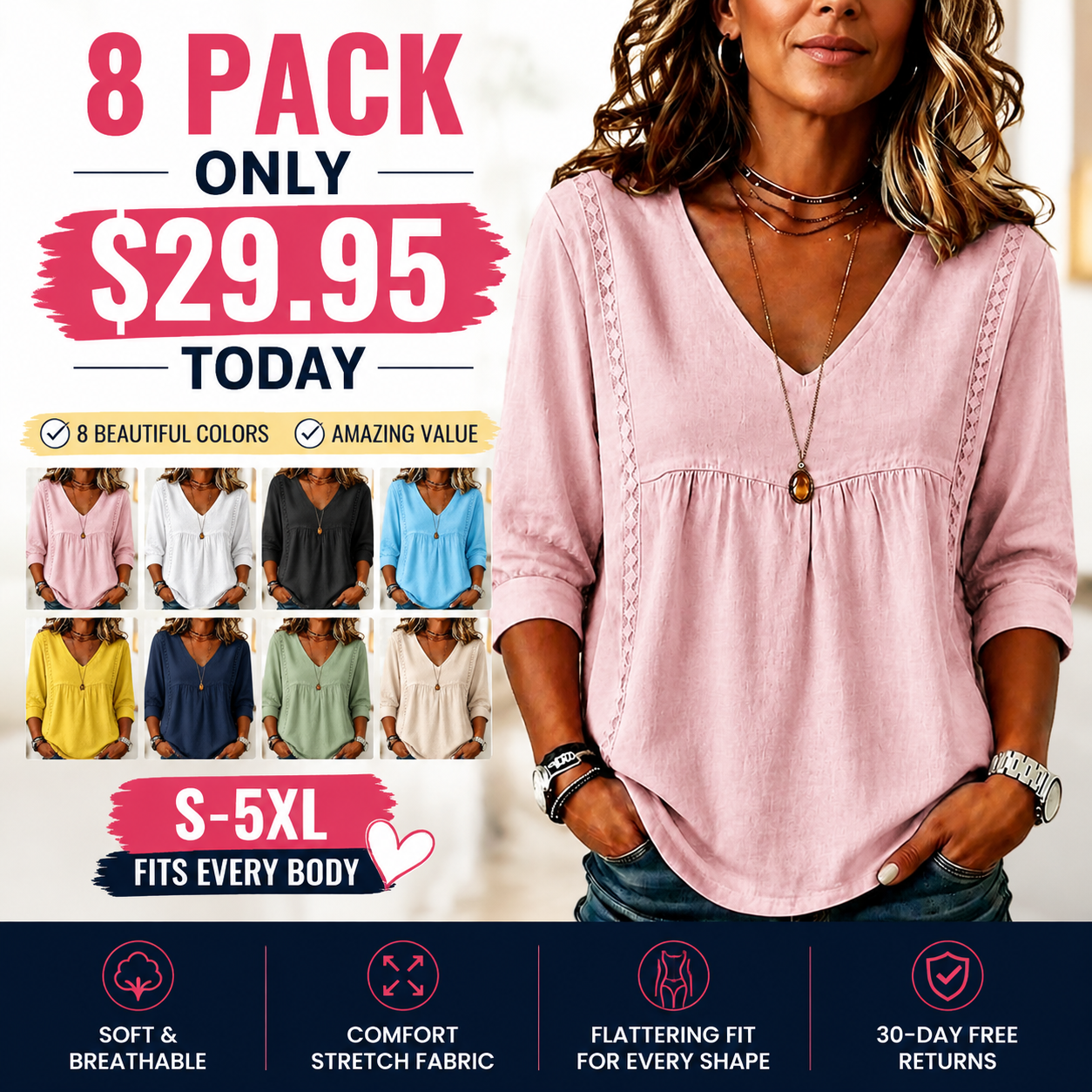 【LAST DAY SALE】Women's Loose-Fit V-Neck Lace Blouse, 3/4-Length Puff Sleeves