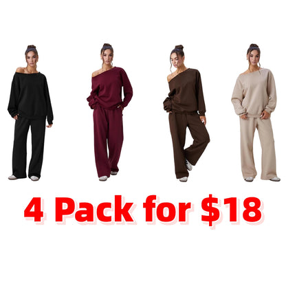 Women's Leisure Solid Color Sloping Shoulder Long Sleeve Top & Wide-Leg Trousers Set