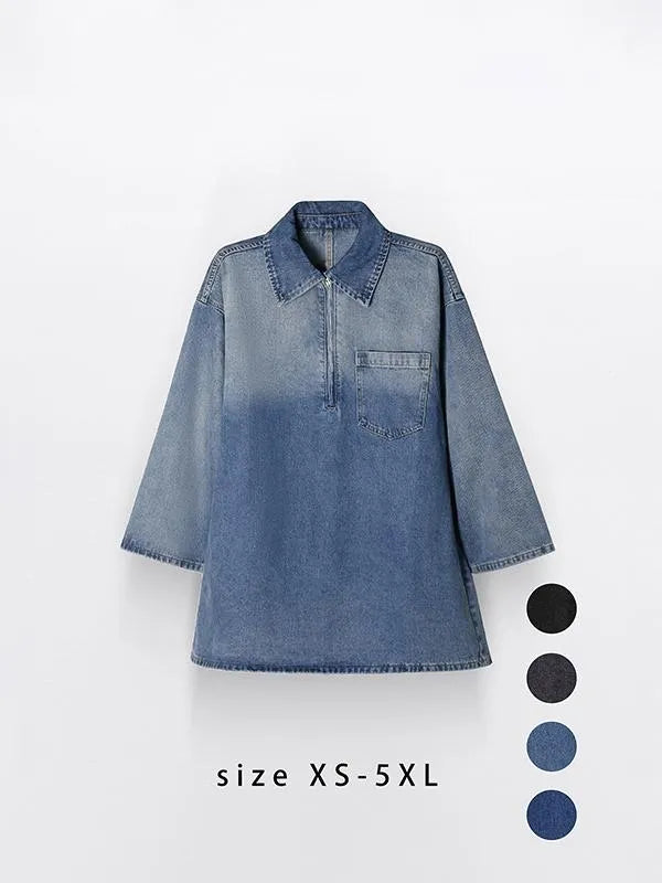 Women's Denim Dress Half-Zip Collared Vintage Washed Blue Loose Fit Long Sleeve