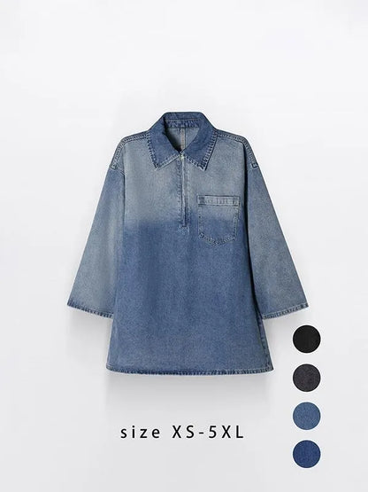 Women's Denim Dress Half-Zip Collared Vintage Washed Blue Loose Fit Long Sleeve