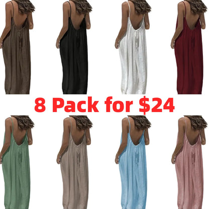 Women's Cotton Linen Backless Loose Dress