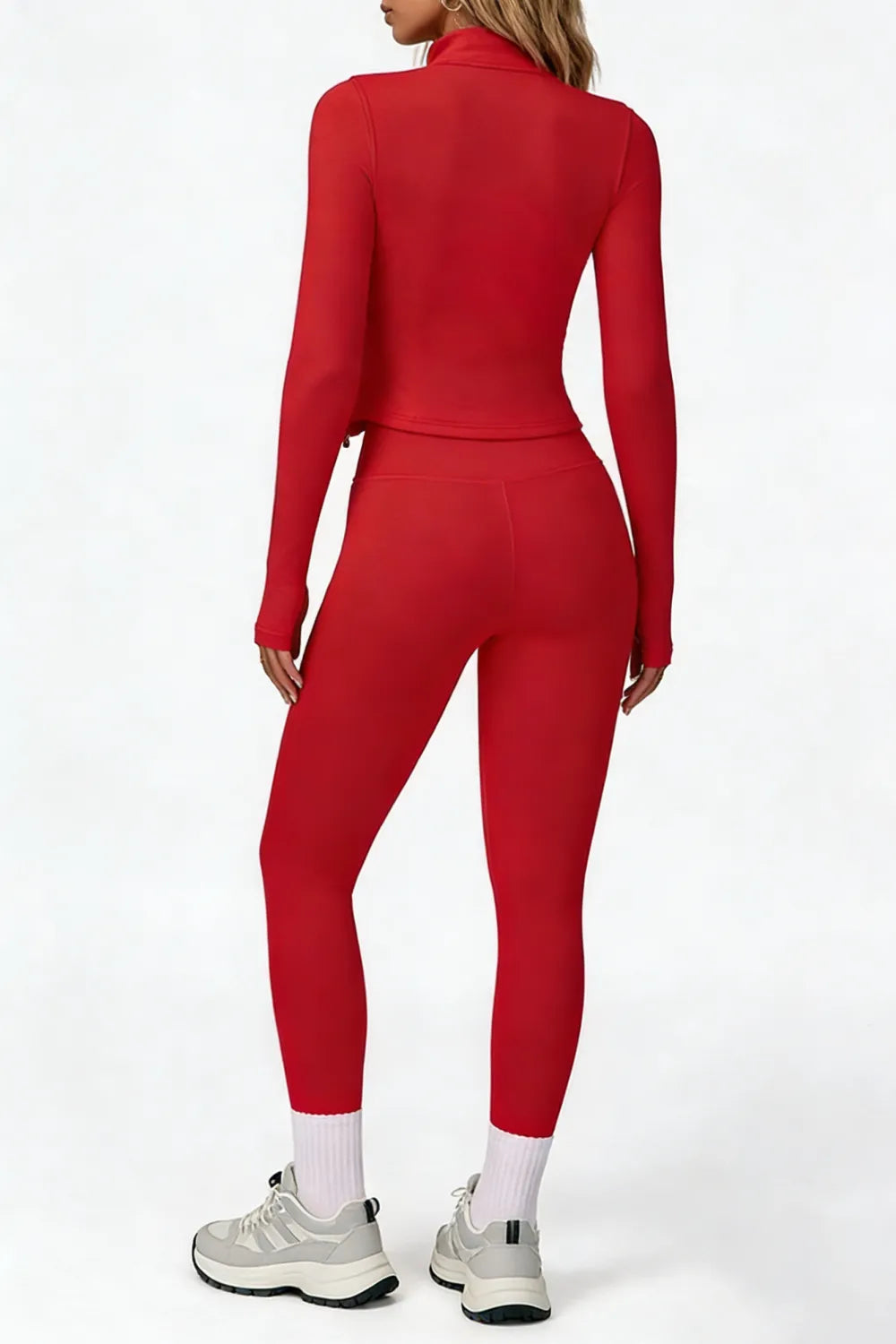 Women's tank top, high-waisted leggings, and zip-up jacket 3-piece sportswear set.