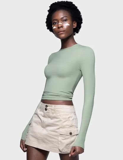 Long Sleeve Basic Tee Women's Crew Neck Slim Fit Tops Streetwear Minimalist Double Layer Compression Tee
