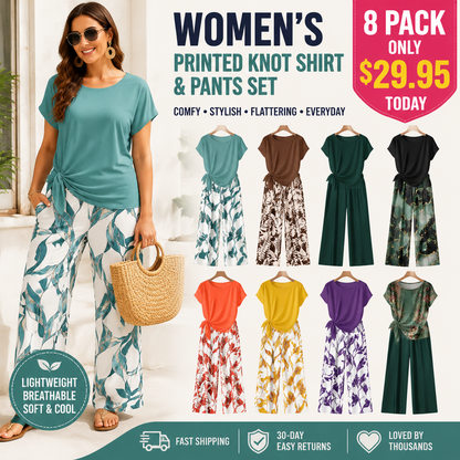 Women's Casual Printed Knot Shirt and Loose Straight Pants Set
