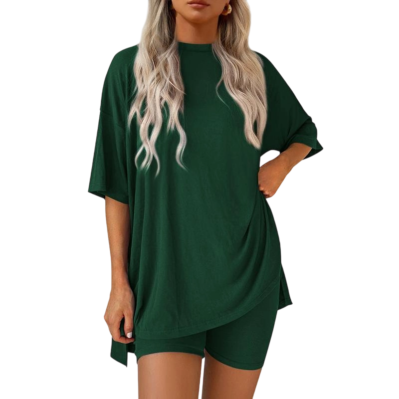 Women's Casual Oversized Crewneck Split Hem Shirts & Side Pocket Shorts Set