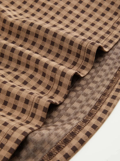 Boat Neck Gingham Bowknot Ruched Long Sleeve Top