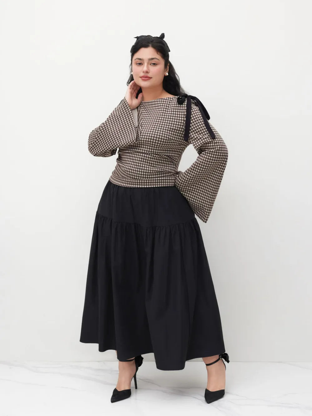 Boat Neck Gingham Bowknot Ruched Long Sleeve Top