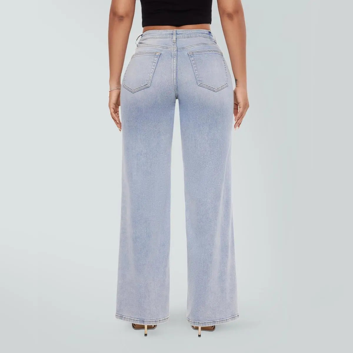 【Free Shipping】Rise Baggy Stretchy Wide Leg Jeans