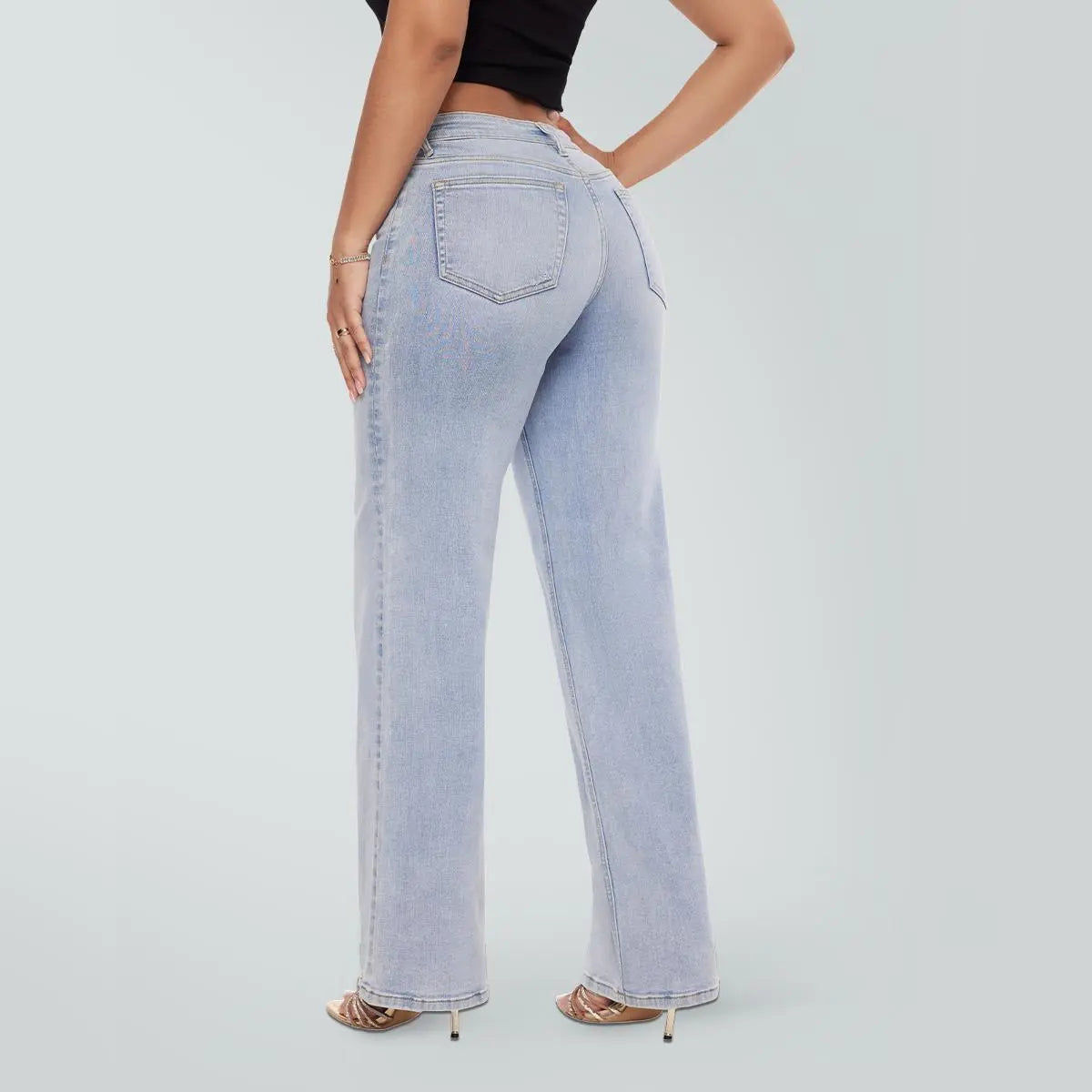 【Free Shipping】Rise Baggy Stretchy Wide Leg Jeans