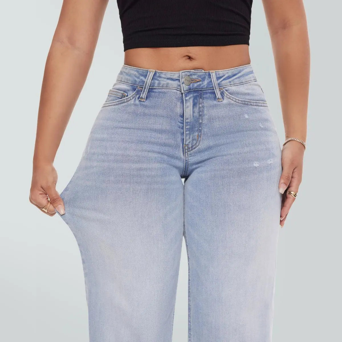 【Free Shipping】Rise Baggy Stretchy Wide Leg Jeans