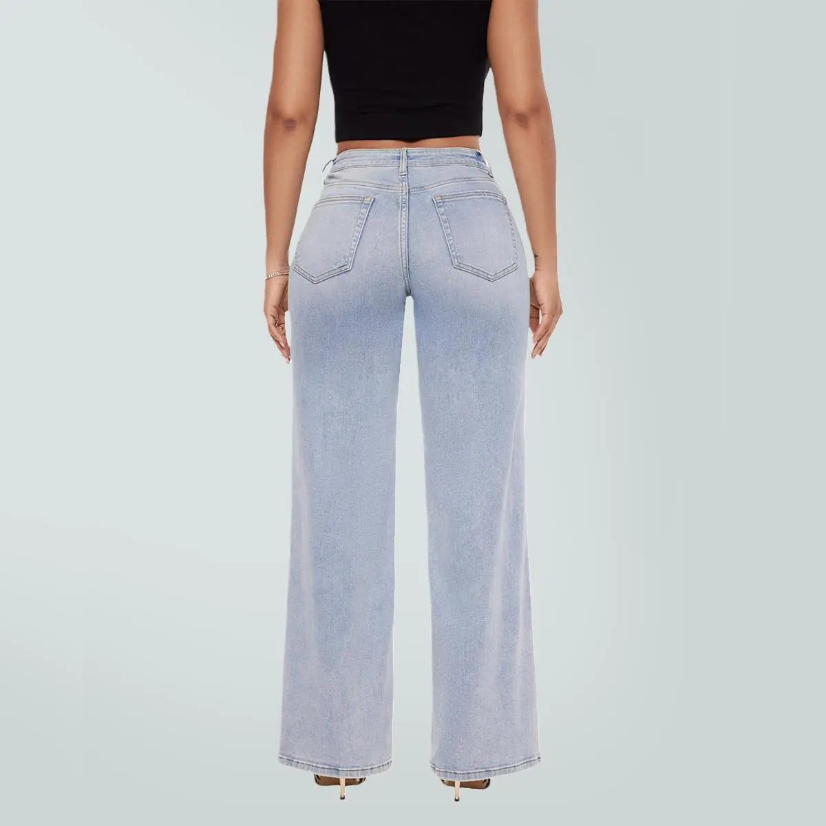 【Free Shipping】Rise Baggy Stretchy Wide Leg Jeans