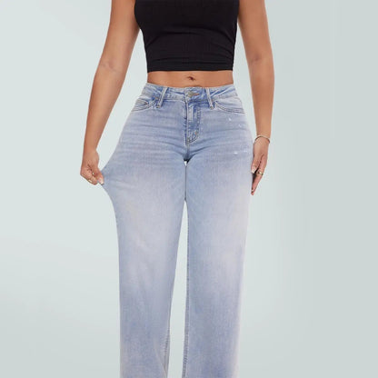 【Free Shipping】Rise Baggy Stretchy Wide Leg Jeans