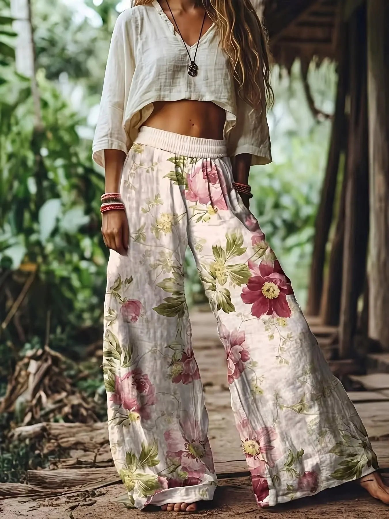 【LAST DAY SALE】Women's Casual Bohemian Style Floral Print Wide-Leg Pants