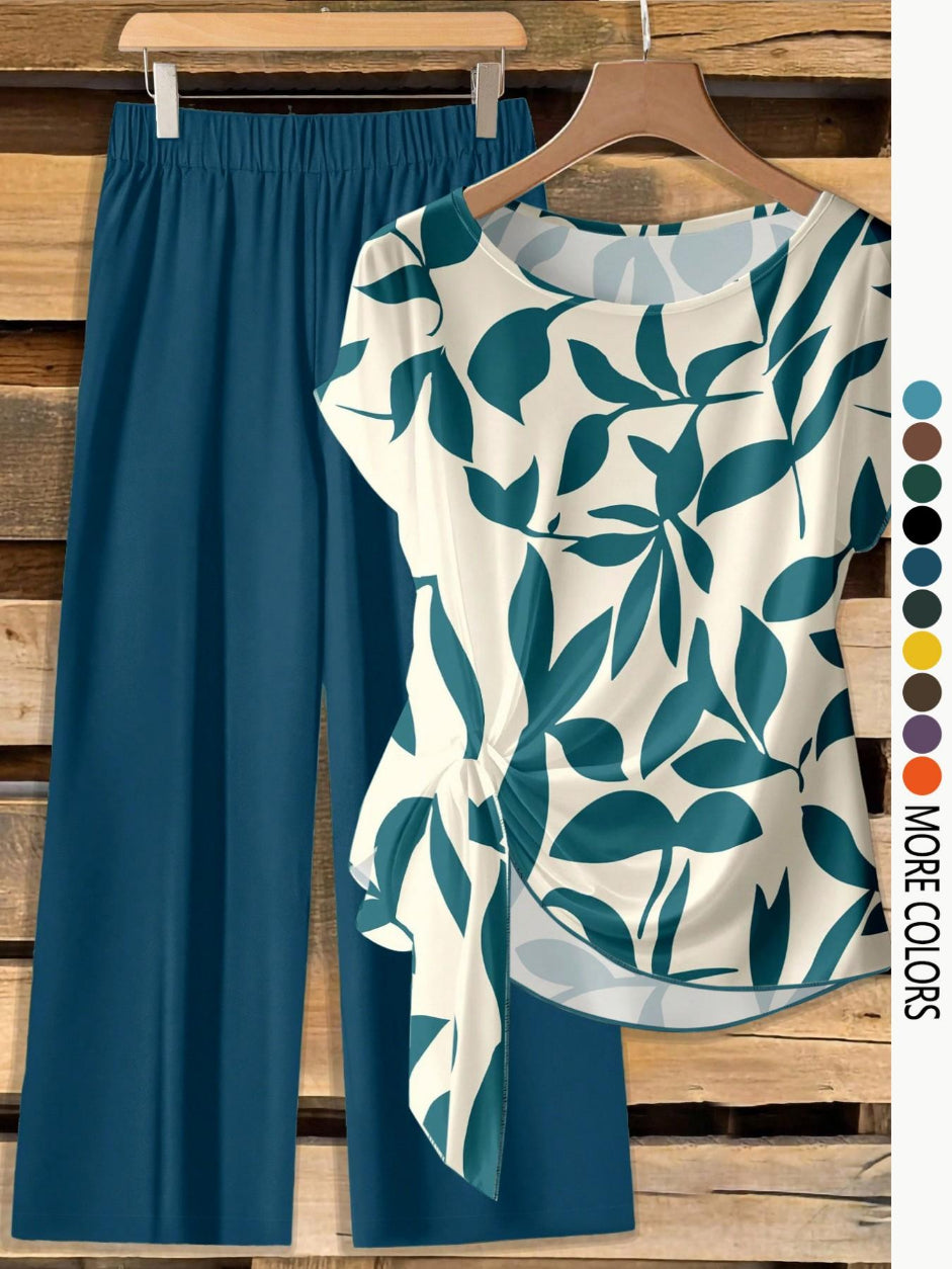 Women's Casual Printed Knot Shirt and Loose Straight Pants Set