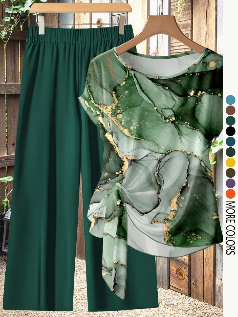 Women's Casual Printed Knot Shirt and Loose Straight Pants Set