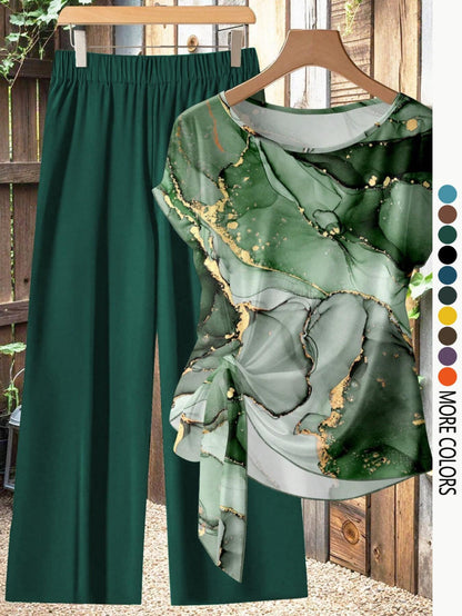 Women's Casual Printed Knot Shirt and Loose Straight Pants Set