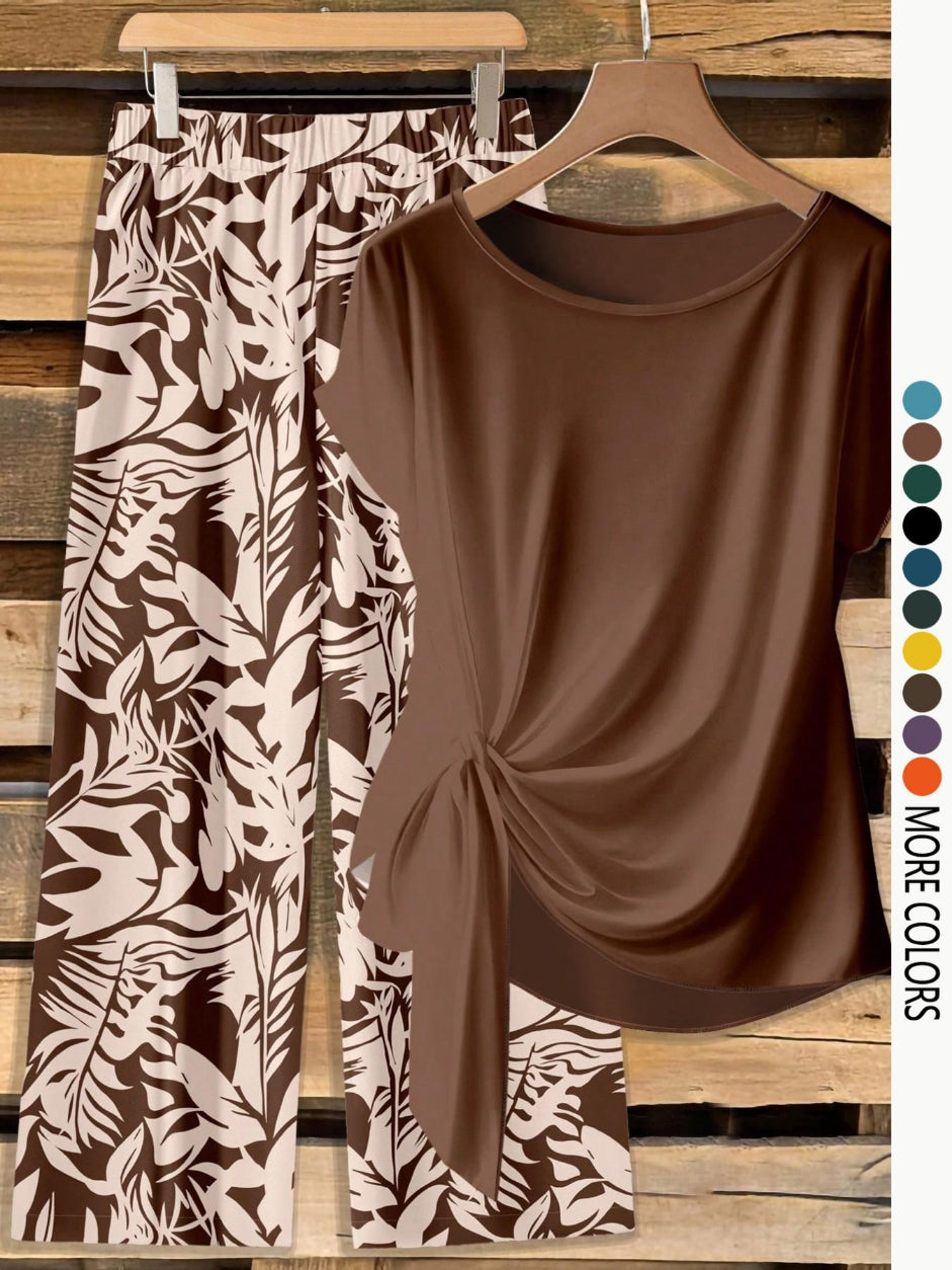 Women's Casual Printed Knot Shirt and Loose Straight Pants Set