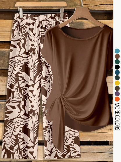 Women's Casual Printed Knot Shirt and Loose Straight Pants Set