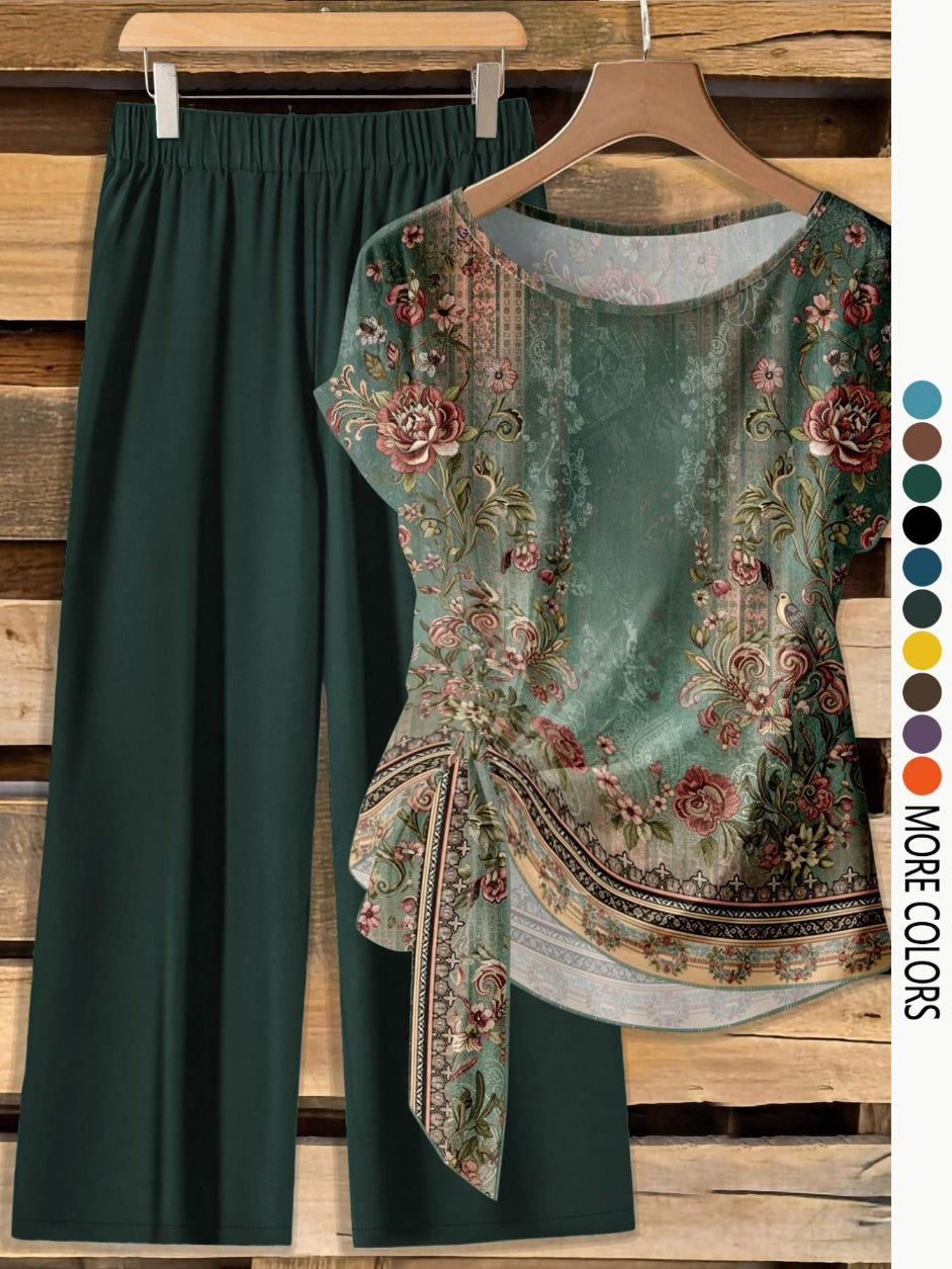 Women's Casual Printed Knot Shirt and Loose Straight Pants Set
