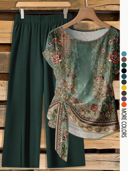 Women's Casual Printed Knot Shirt and Loose Straight Pants Set