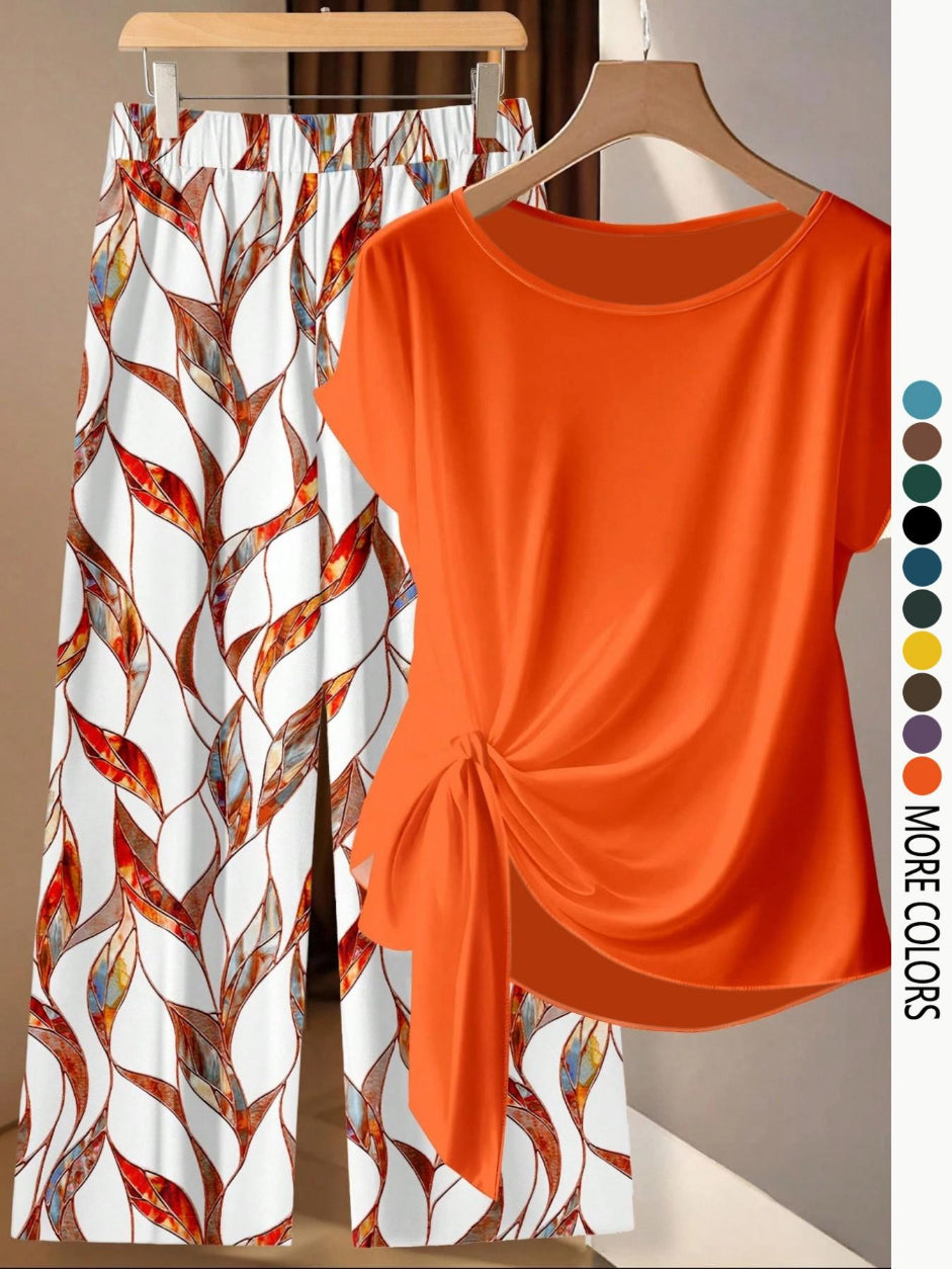 Women's Casual Printed Knot Shirt and Loose Straight Pants Set