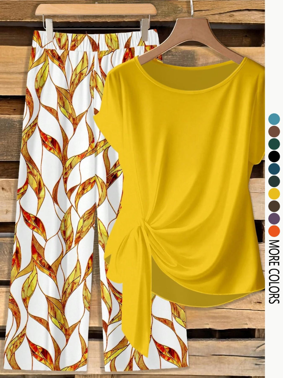 Women's Casual Printed Knot Shirt and Loose Straight Pants Set