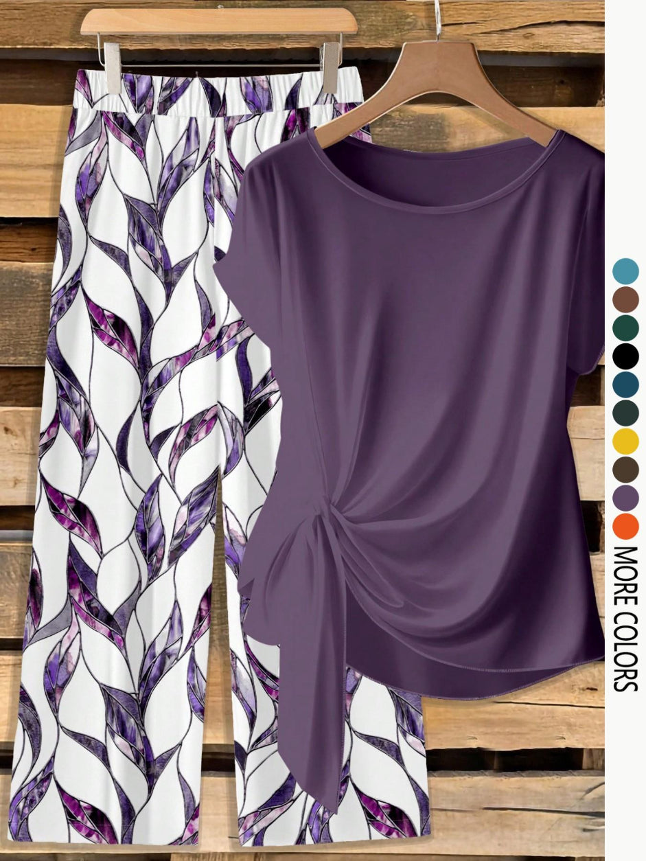 Women's Casual Printed Knot Shirt and Loose Straight Pants Set