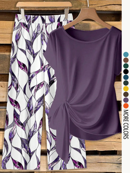 Women's Casual Printed Knot Shirt and Loose Straight Pants Set