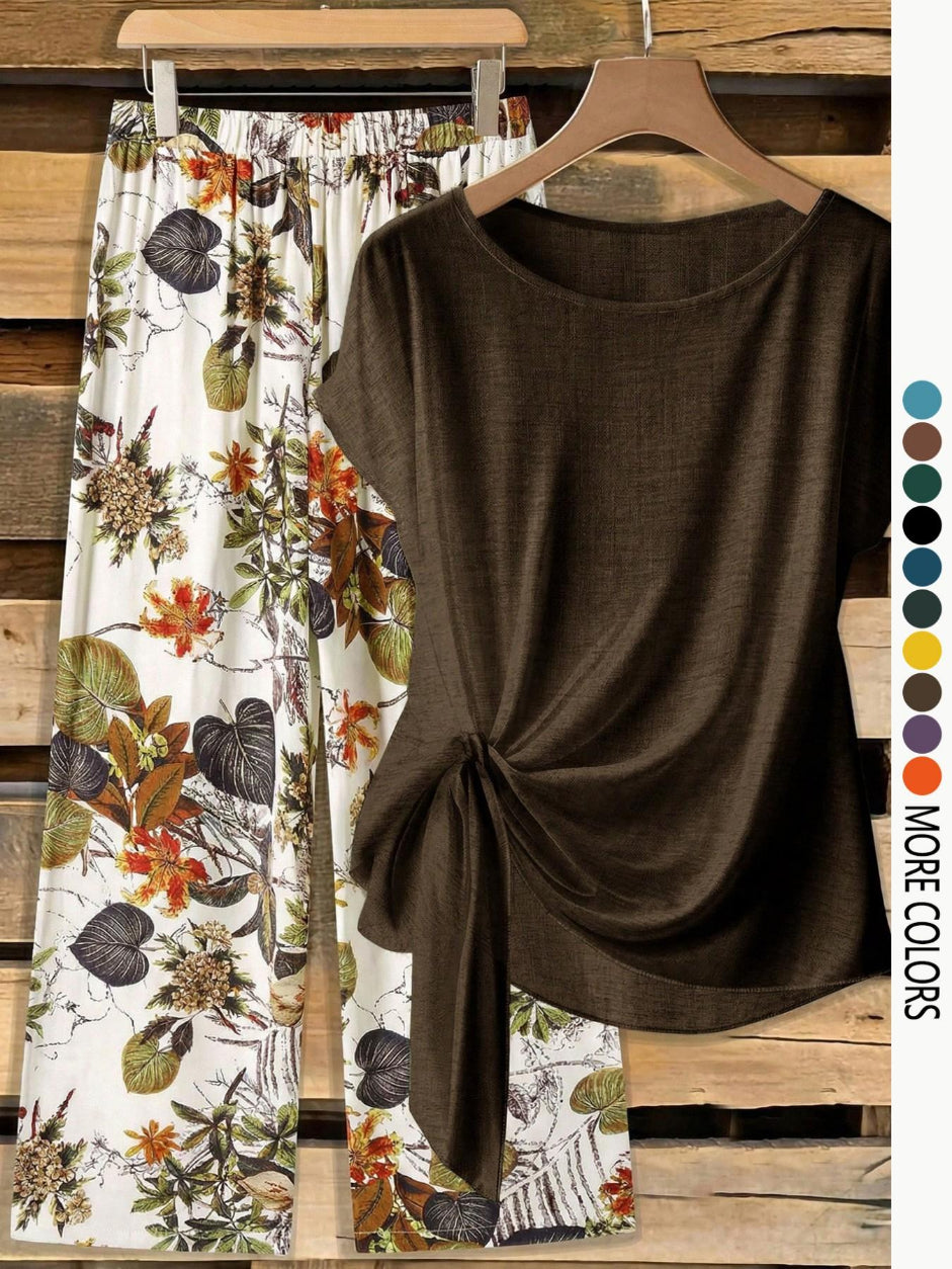 Women's Casual Printed Knot Shirt and Loose Straight Pants Set
