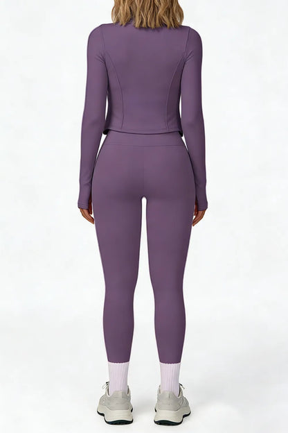 Women's tank top, high-waisted leggings, and zip-up jacket 3-piece sportswear set.