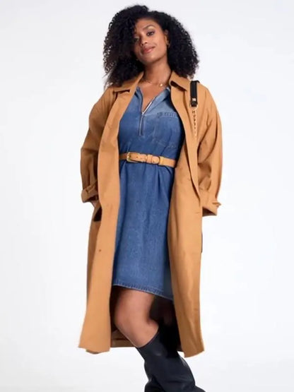 Women's Denim Dress Half-Zip Collared Vintage Washed Blue Loose Fit Long Sleeve
