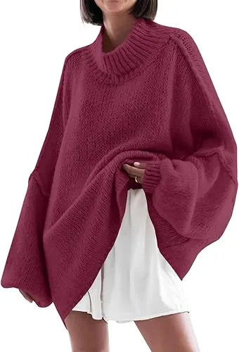 ✨Womens Oversized Mock Neck Batwing Long Sleeve Ribbed Knit Casual Tunic Sweater🔥