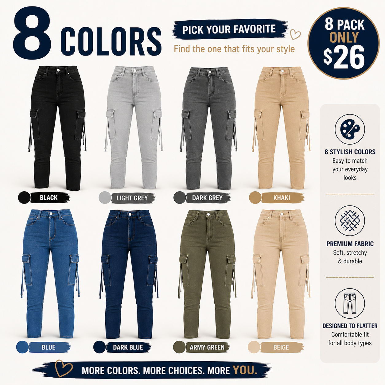 Women's High Waisted Stretch Cargo Jeans with Pockets