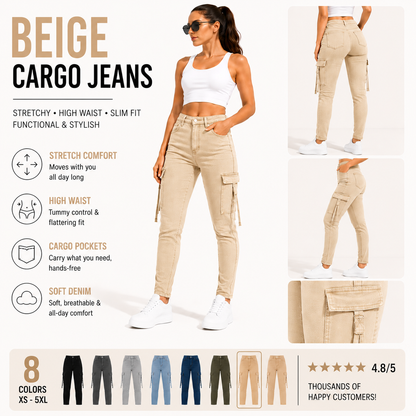 Women's High Waisted Stretch Cargo Jeans with Pockets