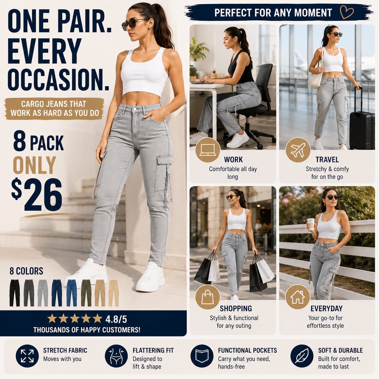 Women's High Waisted Stretch Cargo Jeans with Pockets