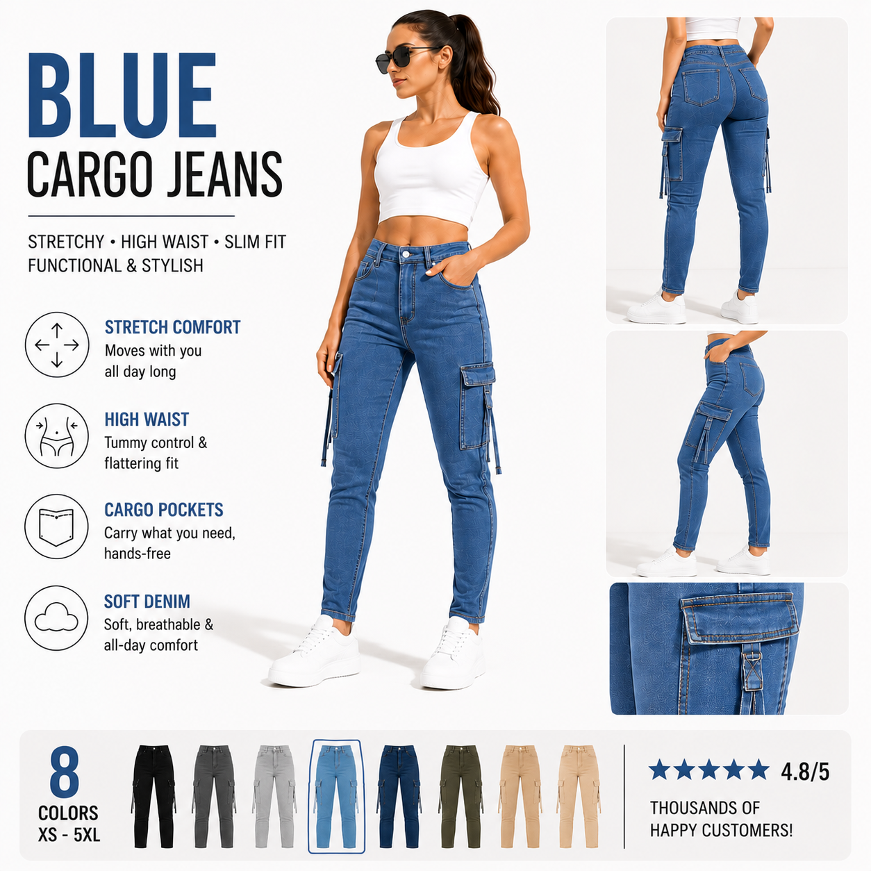 Women's High Waisted Stretch Cargo Jeans with Pockets