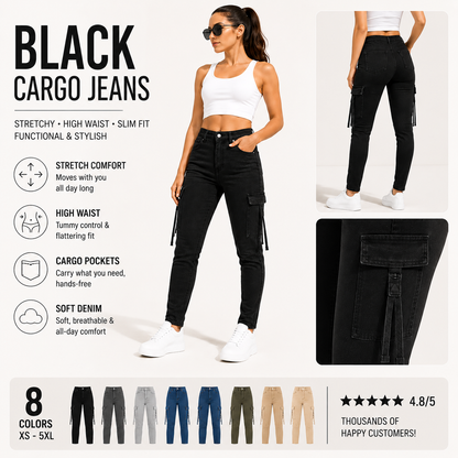 Women's High Waisted Stretch Cargo Jeans with Pockets