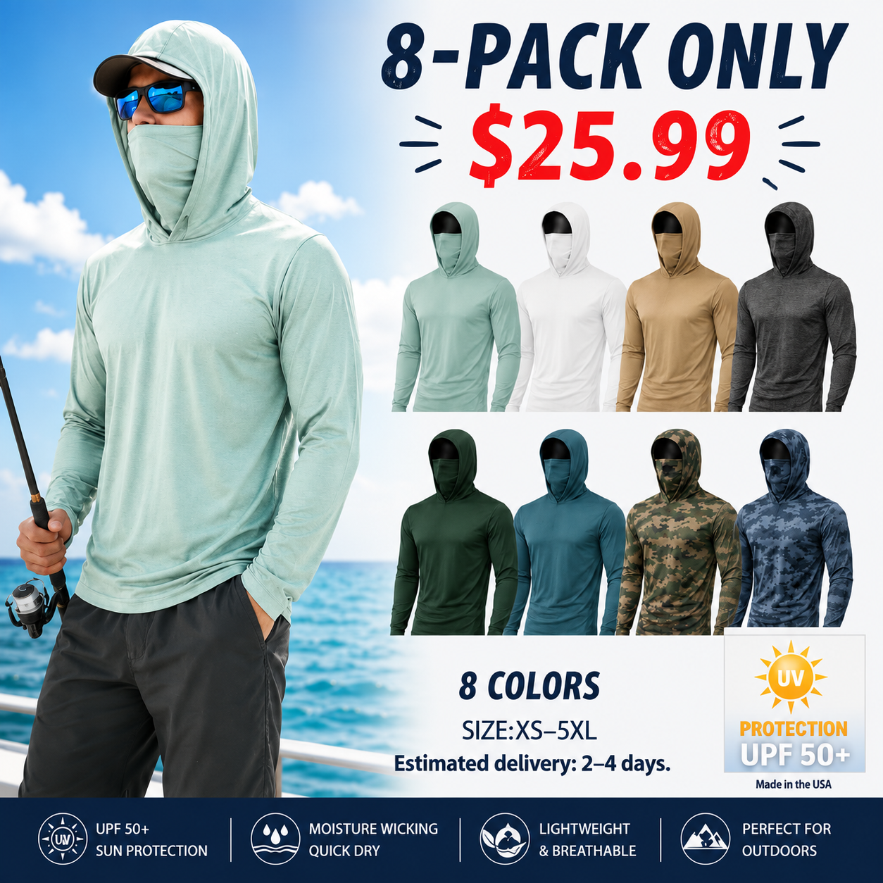 Men's UPF 50+ Long-Sleeve Sun-Protection Hoodie (with Sleeve Pocket and Face Mask)