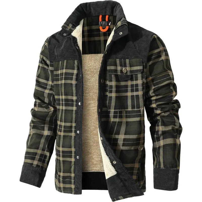 Men's Corduroy Plaid Sherpa Lined Flannel Shirt Jacket Fleece Coat
