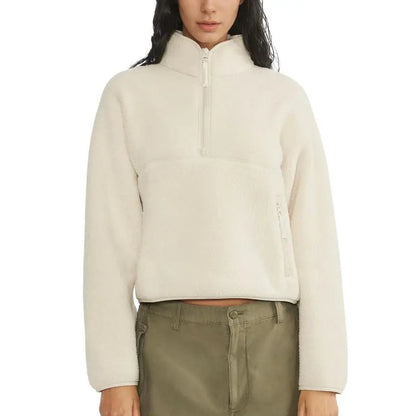 Women’s Fleece Cropped Pullover – Half Zip Sherpa Jacket with Pockets