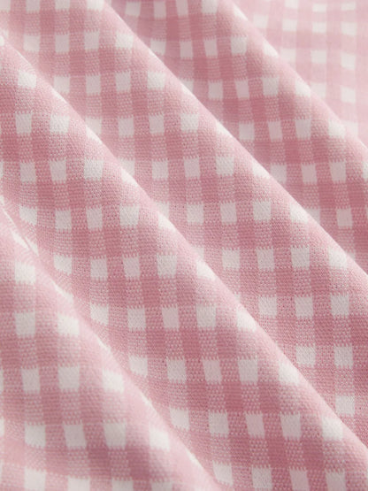 Boat Neck Gingham Bowknot Ruched Long Sleeve Top